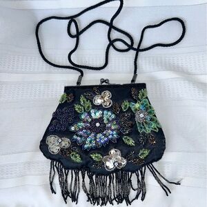 Handbag purse beaded black floral fringe sequins evening bag prom party wedding